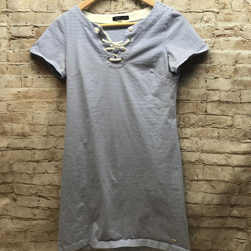 Tommy Hilfiger Womens Short Dress Size XS Striped Blue White Lace Collar